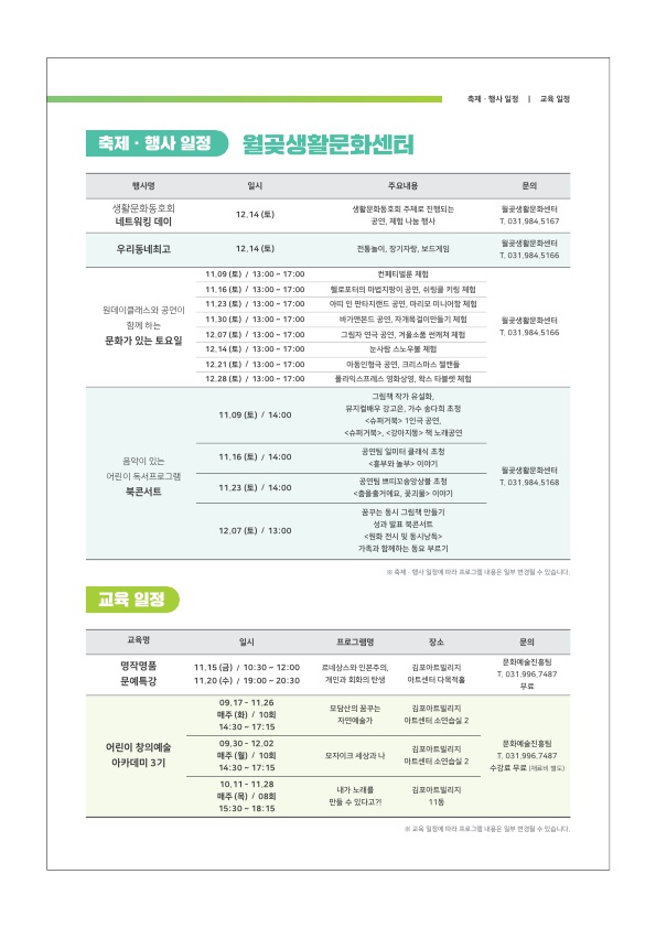 
축제 행사 일정 | 교육 일정
축제 행사 일정 ' 월생활문화센터
행사명
일시
주요내용
생활문화동호회 네트워킹 데이
|
12.14 ()
생활문화동호회 주제로 진행되는
공연, 제한 나눔 행사
생활문화센터 T. 031.084 5167
우리동네최고
12.14 (토)
에, 장기자랑, 보드게임
생활문화센터 T. 031.984.5165
원데이클래스와 공연이
함께하는 문화가 있는 토요일
11.09 (토) / 13:00 - 17:00 | 11.16 (토) / 13:00 - 17:00 11.23 (토) / 13:00 ~ 17:00
11.30 (토) / 13:00 - 17:00 1 | 12.07 (토) / 13:00 - 17:00 1 12.14 () / 13:00 - 17:00 |
12 21 (0) / 13:00 17:00 | | 12.28 (토) / 13:00 - 17:00
생활문화센터 T. 031 984 5166
컨티 체험 헬로포터의 마법지팡이 공면, 위장 키 체험 이 민 판타지랜드 공면, 마리모 미나어 체험 배가본드 공연, 자가복 이만들기 체험 그림자 연극 공연, 겨울소품 판 제 1
눈사람 스노우볼 재 아톰인형극 공연, 크리스마스 만들 폴라익스프레스 영화상영, 악스 타블렛 체험
그림책 작가 유설화 뮤지컬배우 김고은, 가수 다회 초청
슈퍼거북 1인극 공연, 거북, 강아지 책 노래공연 공민님 일미터 클래식 초청
부와 놀부 이마기
11.09 (토) / 14:00
11.16 (토) / 14:00
음악이 있는 어린이 독서프로그램
북콘서트
월곳생활문화센터 | T. 031.984,5163
11.23 (토) / 14:00
공연팀 쁘띠꼬숨앙상블 초첨 춤을 출거에요. 꽃과물 이야기
12.07 (토) / 13:00
꿈꾸는 동시 그림책 만들기 | 섬과 북콘서트
원화 전시 및 동시남 가족과 함께하는 동요 부르기
제 - 사정에
그 내용은 일부 정될 수 있습니다.
교육 일정
교육명
일시
프로그램명
|
장소
문의
명작명품 문예특강 -
| 11.15 (금) / 10:30 ~ 12:00
11.20 (수) / 19:00 - 20:30
르네상스와 민본주의, 재민과 회화의 탄생
김포아트빌리지 마트센터 다목적홀
문화예술진 T. 031.3967487
|
109.17 - 11.26 매주 (화) / 10회 14:30 17:15
모담산의 꿈꾸는 자민예술가
김포아트빌리지 마트터 연습실 고
어린이 창의예술 아카데미 3기
모자이크 세상과
김포아트빌리지
마트센터 소연
|
2
문화예술진 1. 031.006 7487 수강료 무료 제도
09.30 - 12.02 매주 (일/ 101
14:30 - 17:15 110.11 - 11.28 마주 (목) / 08회 15:30 - 18:15
| 내가 노래를 만들 수 있다고
김포아트빌리지
11
교육 일정에 따라 그 그림 내용은 일부 변경될 수 있습니다.

