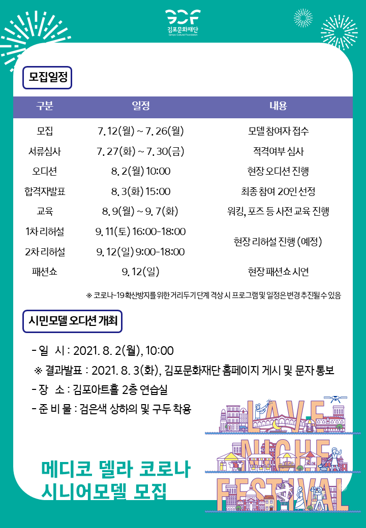 모집일정. 모집 7.12(월)~7.26(월) 모델 참여자 접수. 서류심사 7.27 화~7.30 금 적격여부 심사. 오디션 8.2 월 10시 연장오디션 진행. 합격자발표 8.3 화 15시 최종 참여 20인 선정. 교육 8.9 월~9.7 화 워킹 포즈 등 사전 교육 진행. 1차 리허설 9.11 토 16~18시. 현장 리허설 진행(예정). 2차 리허설 9.12 일 9시 ~ 18시 현장리허설 진행(예정). 패션쇼 9.12 일요일 현장 패션쇼 시연. *코로나19 확산방지를 위한 거리두기 단계 격상시 프로그램 및 일정은 변경 추진될 수있음.
시민모델 오디션 개최. -일시 2021.8.2 월 10:00. *결과발표:2021.8.3 화, 김포문화재단 홈페이지 게시 및 문자 통보. -장소:김포아트홀 2층 연습실, -준비물:검은색 상하의 및 구두 착용.