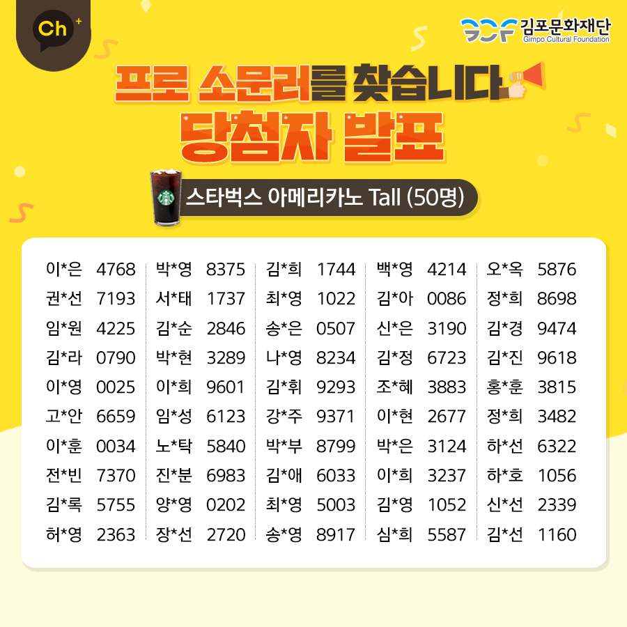 [스타벅스 아메리카노 Tall(50명)]
이*은 4768 권*선 7193 임*원 4225 김*라 0790 이*영0025 고*안 6659 이*훈0034 전*빈 7370 김*록5755 허*영 2363 박*영 8375 서*태 1737 김*순 2846 박*현 3289 이*희 9601 임*성 6123 노*탁 5840 진*분 6983 양*영 0202 장*선 2720 김*희 1722 최*영 1022 송*은 0507 나*영 8234 김*휘 9293 강*주 9371 박*부 8799 김*애 6033 최*영5003 송*영 8917 백*영 4214 김*아 0086 신*은 3190 김*정 6723 조*혜 3883 이*현 2677 박*은 3124 이*희 3237 김*영 1052 심*희 5587 오*옥 5876 정*희8698 김*경 9474 김*진 9618 홍*훈 3815 정*희3482 하*선 6322 하*호1056 신*선 2339 김*선 1160