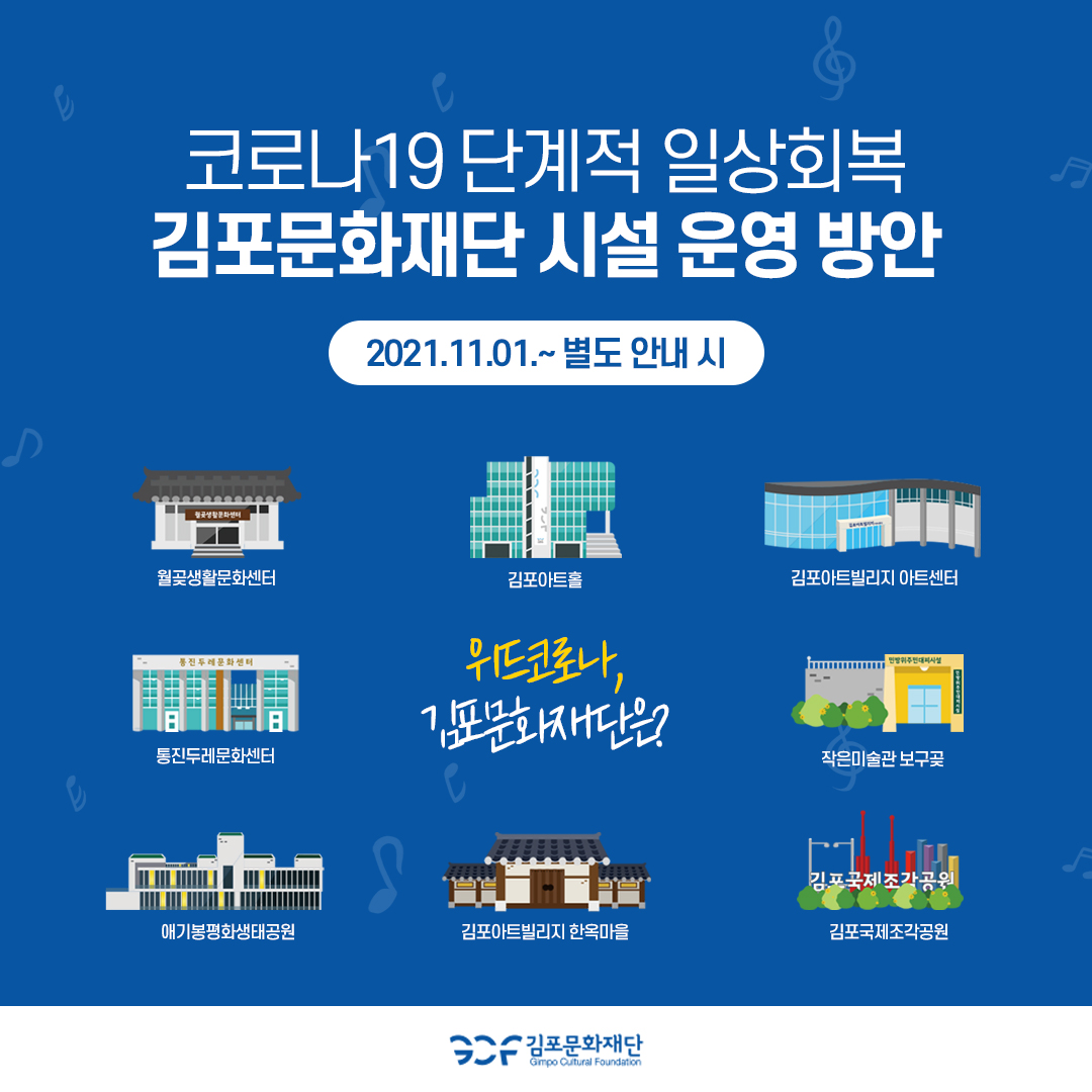 [코로나19 단계적 일상회복 김포문화재단 시설 운영 방안]
2021.11.01~별도 안내시까지